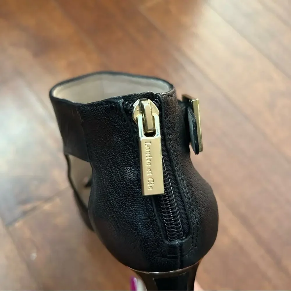 Louise et Cie Black Leather Wedge Heel Peep Toe Shoes, Gold Detailing Size 8.5